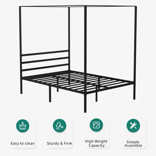 Vista 3 de YITAHOME Marco de Cama con Dosel de Metal de Cuatro Postes, Plataforma de 14 Pulgadas con Cabecera Incorporada, Soporte de Colchón con Listones