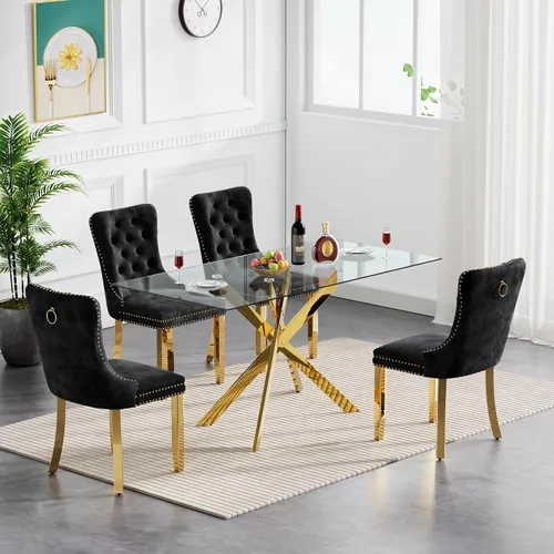 Vista 31 de Juego de 4 mesas de comedor modernas de 36 pulgadas, mesa de comedor redonda de vidrio templado y 4 sillas de comedor de terciopelo beige, mesa