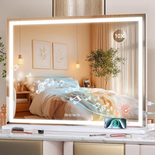 Vista 47 de Hasipu Espejo de tocador con luces, espejo LED de maquillaje de 31.5 x 22 pulgadas, espejo de maquillaje iluminado con 3 modos regulables, espejo