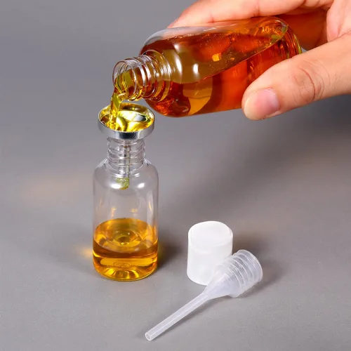 Vista 4 de Paquete de 10 embudos pequeños de metal con 2 mini pipetas para llenar botellas pequeñas o recipientes, atomizadores, perfumes, líquidos (plateado)