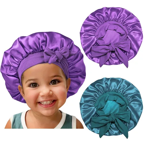 Vista 8 de Gorro de satén de seda para el cabello: 2 gorros para niños con banda elástica para atar y ajustar las correas ajustables para dormir y dormir