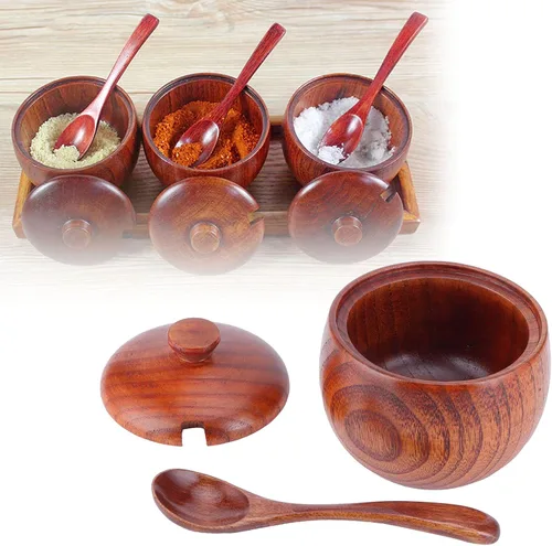 Vista 4 de Olla de especias de madera, bodega de sal de madera natural con tapa y cuchara, contenedor de azúcar, tarro de especias vintage, recipiente