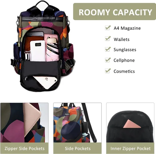 Vista 4 de Mochila para mujer, antirrobo, bolsa de viaje convertible, mochila de moda, casual, impermeable, para senderismo, M