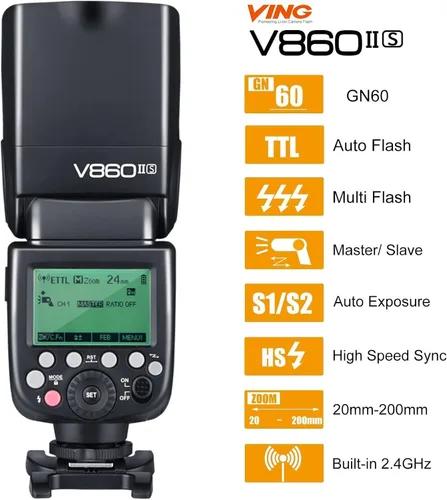 Vista 2 de Godox Flash TTL V860II-S para Sony, GN60 2.4G Speedlight inalámbrico HSS 1/8000s Speedlite externo para Sony, batería recargable de iones de litio