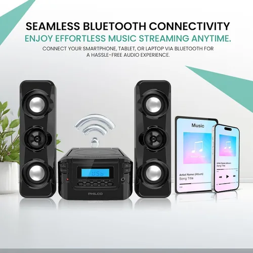 Vista 3 de Philco Sistemas de estantería estéreo Sistema compacto de estante de CD con radio estéreo digital FM, tecnología inalámbrica Bluetooth y control