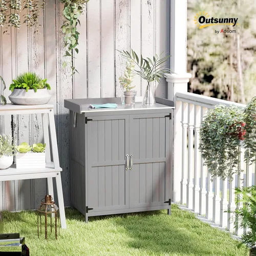 Vista 2 de Outsunny Armario de almacenamiento al aire libre, cobertizo de herramientas de jardín con mesa y estante de metal, banco de madera para macetas