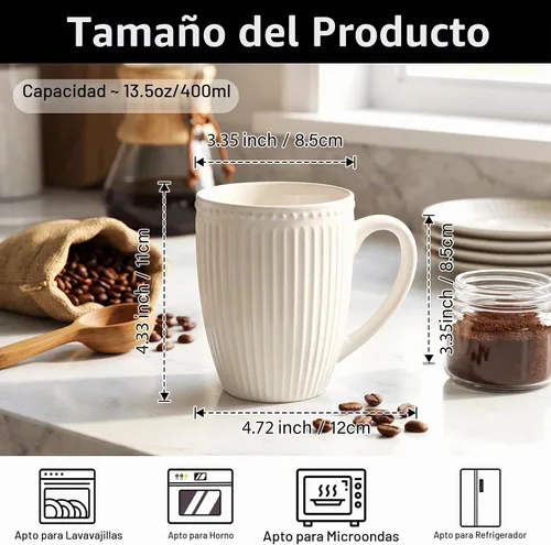 Vista 3 de Juego de tazas de café de cerámica blanca de 6 a 14 onzas con asa para café con leche, té caliente, capuchino, moca, cacao, microondas