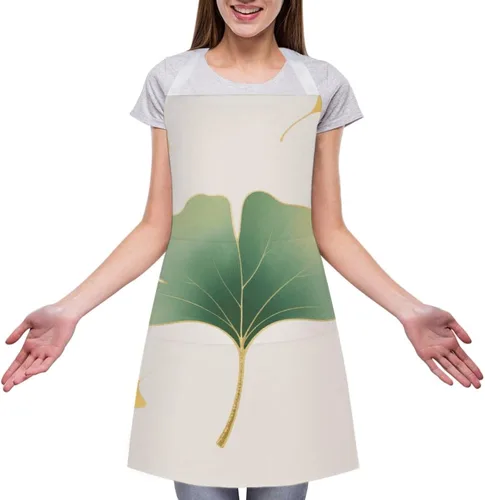 Vista 3 de MUSM Apron for Adults - 27.6 X 31.5 Inch, Heavy-Duty Polyester Aprons with Two Large Pockets, Waterproof Green Ginkgo Leaves Kitchen Apron for