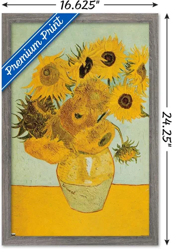 Vista 3 de Trends International Póster de pared de girasoles de Vincent van Gogh, 14.72 x 22.37 pulgadas, versión enmarcada de madera de granero Versión