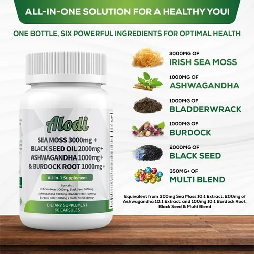 Vista 5 de Super Sea Moss Blend - Fórmula avanzada con Ashwagandha KSM 66, aceite de semilla negra, raíz de bardana, vejiga, cúrcuma, ACV, ayurveda, probado