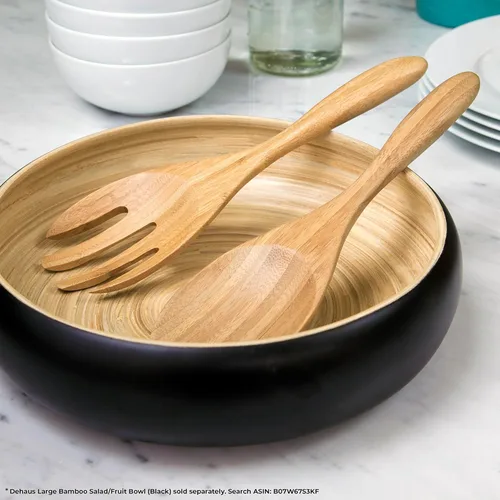 Vista 4 de Dehaus Servidores de ensalada de bambú extra grandes de 12 pulgadas - Cucharas de madera para servir ensaladas - Utensilios ecológicos - Manos