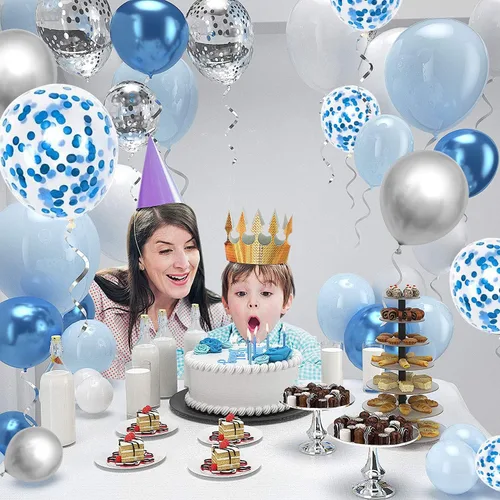 Vista 5 de 60 globos de confeti azul plateado y blanco de 12 pulgadas, globos de color blanco azul claro, globos plateados metálicos, globos de confeti