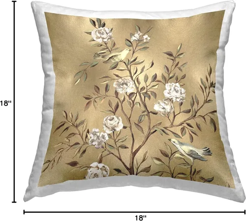 Vista 8 de Stupell Industries Reneé Campbell - Almohada con diseño tradicional de pájaros botánicos, 18 x 18 pulgadas, color dorado