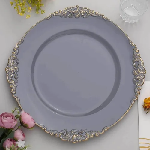 Vista 27 de Efavormart 6 Pack de 13 Pulgadas Platos de Carga Redondos Claros con Borde Tallado en Hojas Barrocas de Plata para Decoración de Mesa, Evento