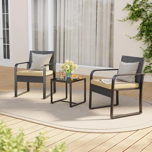 Vista 8 de Gizoon - Juego de muebles de mimbre para patio de 3 piezas; juego de bistrot al aire libre con mesa de vidrio; juego de ratán para conversar