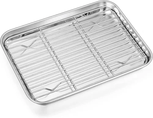 P&P CHEF Bandeja para hornear de 9 pulgadas con juego de rejilla, bandeja para hornear galletas de acero inoxidable con rejilla de enfriamiento para