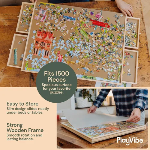 Vista 3 de PLAYVIBE Tablero giratorio para rompecabezas – 1500 piezas, 26 x 35 pulgadas – Sistema de almacenamiento de 6 cajones y mesa de rompecabezas