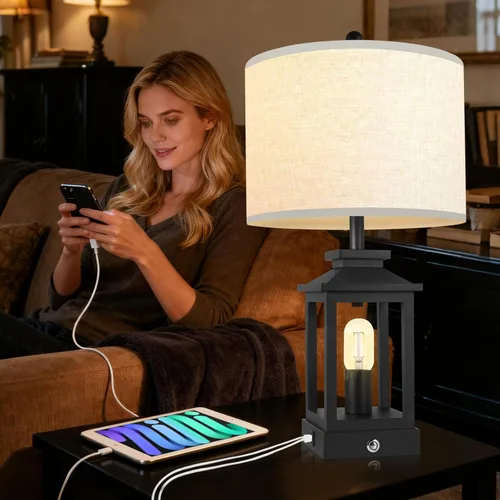 Vista 7 de Lámpara de mesa estilo granja para dormitorio, lámpara táctil negra con puertos USB-C y USB-A, lámparas de noche retro regulables de 3 vías