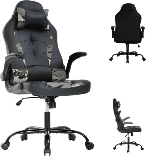 Vista 3 de Silla de juegos, silla ergonómica de escritorio de computadora con respaldo alto con cómodo soporte lumbar, giratoria de 360° y altura ajustable