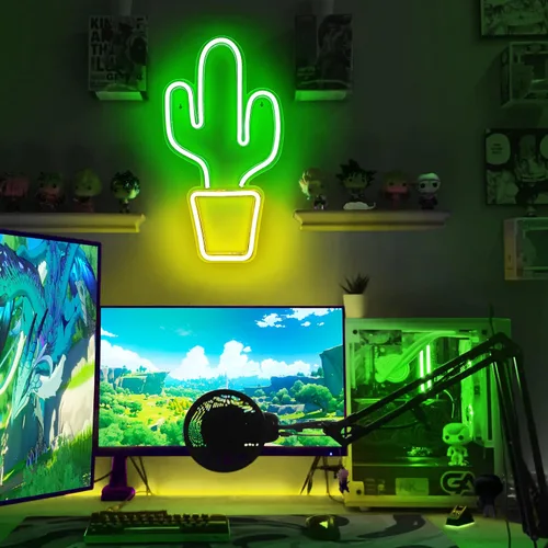 Vista 3 de Lumoonosity Luces de cactus – Luz de neón de cactus amarilla y verde para dormitorio – Señales de neón LED alimentadas por USB con interruptor