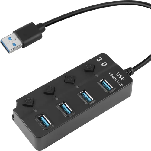 Hub expansor USB3.0 de 4 puertos de 1 pie, concentrador de datos rápido USB 3.0 con interruptores individuales de encendido/apagado, extensor de