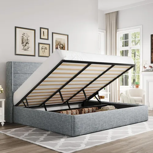 Vista 11 de Allewie Cama de almacenamiento elevable tamaño Queen, cabecera moderna con respaldo alado, soporte hidráulico, no necesita somier, gris claro