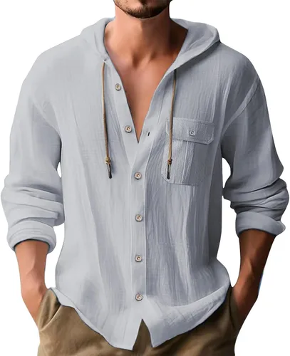 Vista 7 de Sudadera con capucha de algodón y lino para hombre, camisa de manga larga con botones, ligera, casual, para la playa, hippie, tops