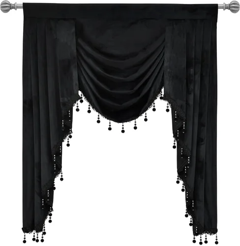 Vista 3 de Cenefa de terciopelo negro para sala de estar, cenefas de cascada de lujo para ventanas, cenefa de cuentas con borlas para cocina, cenefa