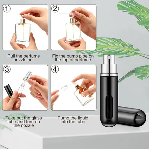 Vista 4 de Atomizador de perfume recargable negro brillante, mini botella de spray de 0.2 fl oz con 10 bombas dispensadoras, estuche para botella de perfume
