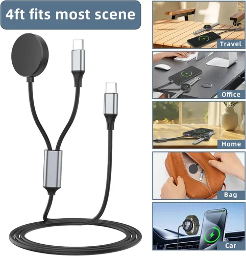 Vista 7 de Cable de carga USB C 2 en 1 para Samsung Galaxy Watch 8/8 Classic/7/FE/Ultra/6/6 Classic/5/5 Pro/4/4 classic/3/Active 2/Active y Galaxy