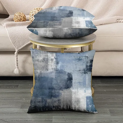 Vista 3 de Almohadas de terciopelo decorativas abstractas de color azul y gris, fundas Negro y azul
