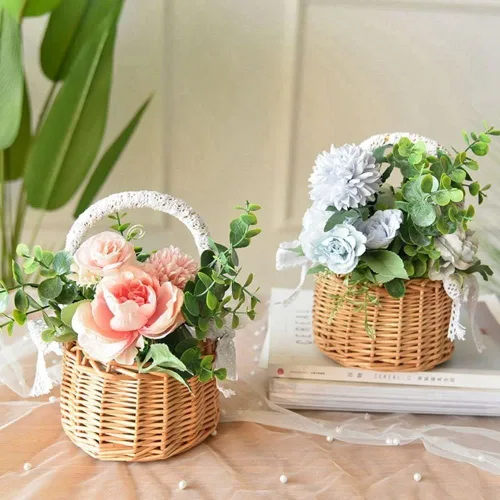 Vista 5 de Cesta de flores de mimbre de ratán, cesta tejida a mano de sauce con asa e inserto de plástico, cesta de dulces de huevos para boda, para decoración