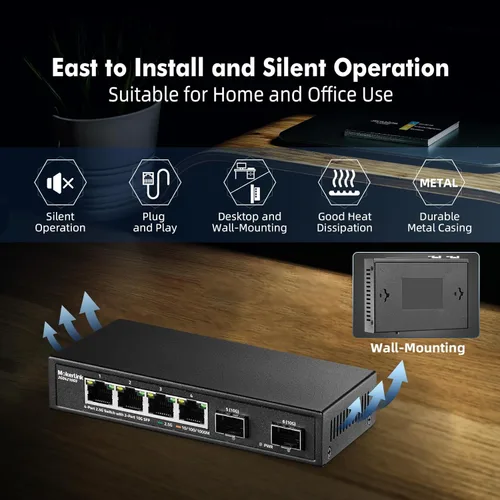 Vista 6 de MokerLink Switch Ethernet de 4 puertos 2.5G con SFP 2x10G, 4 puertos Base-T de 2.5G compatibles con 10/100/1000Mbps, conmutador de red sin