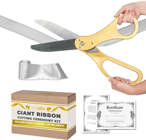 Vista 13 de Crutello Kit de ceremonia de corte de cinta gigante de 20 pulgadas con tijeras XL afiladas y duraderas con mango dorado y 30 pies de cinta roja