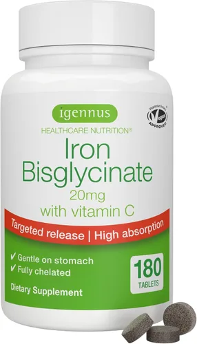 Igennus - Bisglicinato de hierro limpio de 20 mg, vitamina C, suministro para 6 meses, fórmula quelada suave de alta absorción y bisglicinato