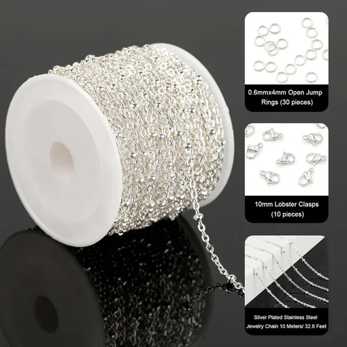 Vista 2 de YOUBEIYEE Cadena de cuentas de satélite de plata brillante de 32.8 ft para hacer joyas, acero inoxidable, cadena de joyería de cruz soldada