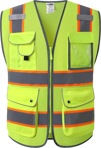 Vista 25 de JKSafety Chaleco de seguridad frontal con 9 bolsillos de alta visibilidad de doble color con cierre de cremallera MESH Lite Tira reflectante
