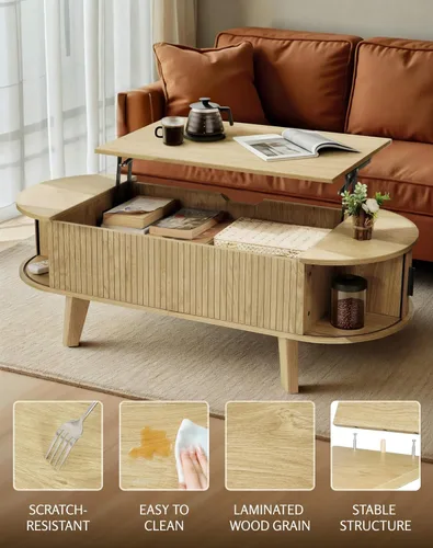 Vista 4 de Mesa de café ovalada con almacenamiento, mesa de centro elevable de 47.2" para la sala de estar, mesa central moderna de madera estriada con puerta