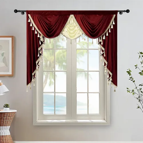 Gxi Cenefa de cortina de terciopelo beige burdeos para ventanas de cocina, cenefas de cascada de terciopelo, cortinas de ventana para sala de estar,