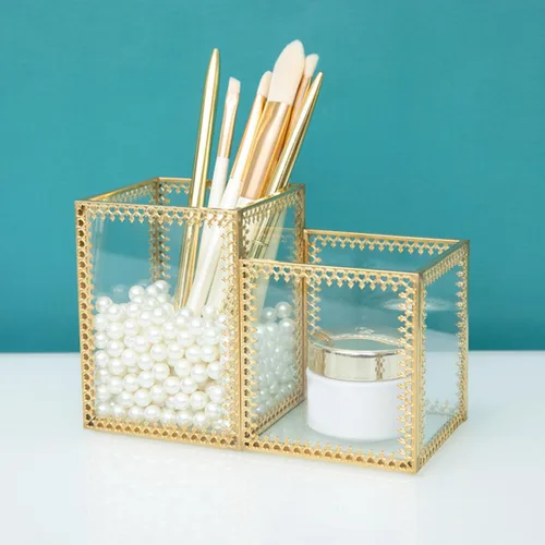 Vista 8 de ULTECHNOVO Two-compartment Glass Makeup Brush Holder Cosmetic Storage Organizer with Lace Design for Vanity Desk and Jewelry Display