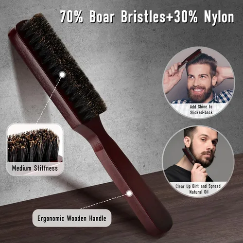 Vista 2 de Juego de cepillo de pelo y barba para hombre, cepillo de cerdas de jabalí, peine de dientes anchos, cepillo de pelo redondo, peine de textura