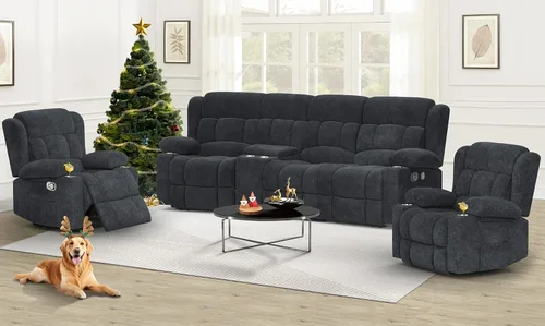 Vista 23 de Dresegmt Juego de sofá reclinable con consola de almacenamiento, diseño de respaldo medio abatible, sofá reclinable de 3 plazas y silla reclinable