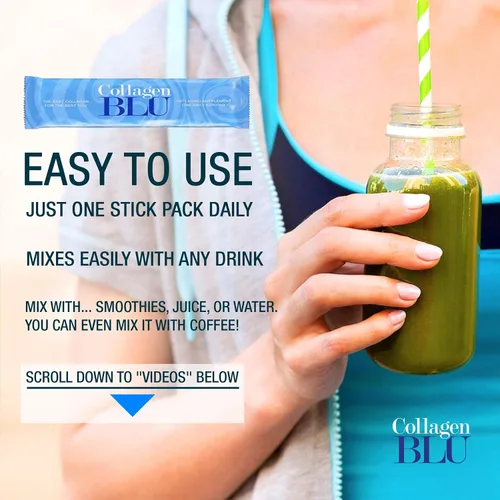 Vista 4 de Collagen BLU Colágeno marino prémium con vitamina C derivada de superalimentos para una mejor absorción, tipo 1 y 3, sin OMG, apto para paleo