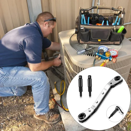 Vista 6 de Llaves de servicio HVAC: Llave de trinquete de válvula de aire acondicionado de 3/16” a 3/8” 5/16’’ x 1/4’’ con kit de adaptador de 2 bits