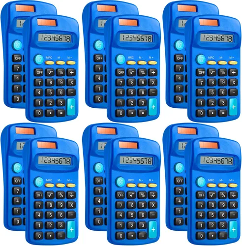 Vista 10 de Paquete de 12 mini calculadoras básicas de tamaño de bolsillo para estudiantes en ángulo de mano, pantalla de 8 dígitos, batería solar, calculadora