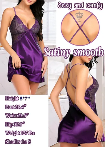 Vista 4 de Avidlove - Lencería para mujer, camisón corto de satén con encaje y cuello en V, minicamisola sensual