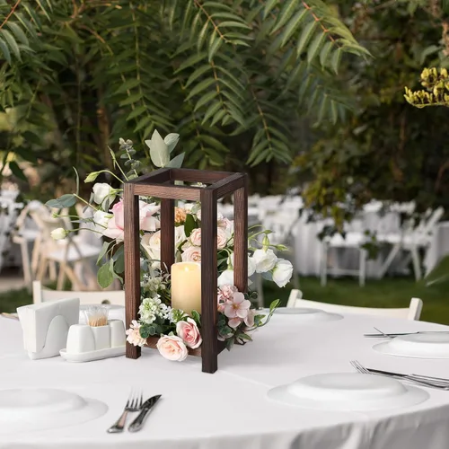 Vista 5 de Qunclay 12 faroles de madera para bodas, candelabros rústicos integrados para decoración de mesa, farol de granja para chimenea y boda