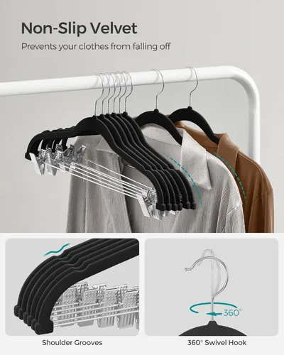 Vista 5 de SONGMICS Paquete de 20 perchas para pantalones, perchas de terciopelo de 16.7 pulgadas de largo con clips ajustables, perchas resistentes
