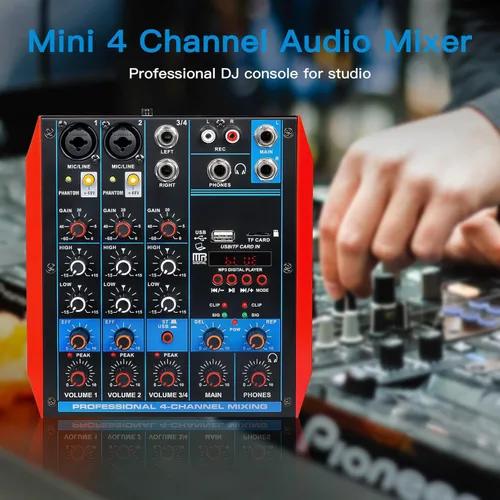 Vista 9 de Mezclador de audio de 4 canales, mini consola portátil de placa de sonido con interfaz de audio USB de 48 V Phantom Power Bluetooth USB MP3 DJ Mixer