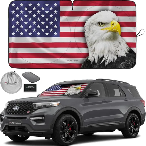 Vista 79 de Autoamerics Parasol para parabrisas de 1 pieza, diseño de camuflaje marrón con bandera estadounidense de Estados Unidos, parasol plegable